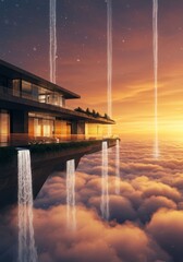 Architectural marvel: Modern house perched above a sea of clouds with waterfalls