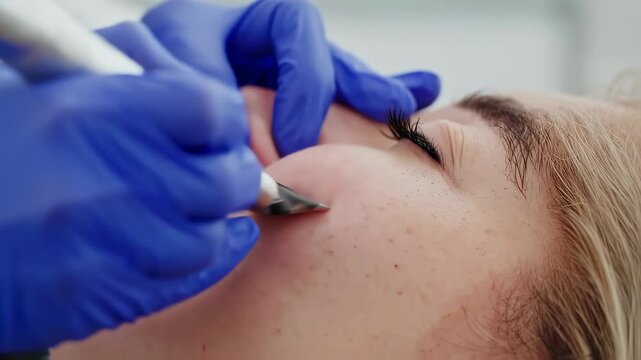 Close-up of beauty professional performing eyebrow microblading with precision
