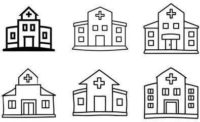 Hand Drawn Hospital Building Icons Set – Medical Clinic Outline Vector Collection