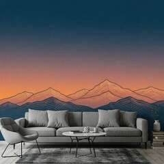 Serene Mountain Landscape: A Stunning Wall Mural Featuring Majestic Peaks Against a Warm Sunset, Creating Calm Ambiance in Living Spaces.