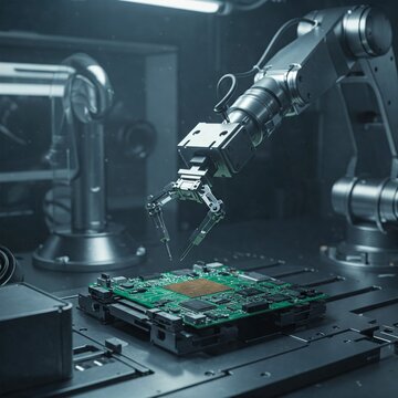 Precision Robotics: A Cutting-Edge Scene in an Automated Manufacturing Facility, Showcasing Robotic Arms Assembling Electronic Circuits.