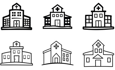 Hand Drawn Hospital Building Icons Set – Medical Clinic Outline Vector Collection