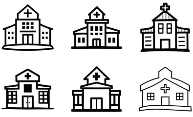 Hand Drawn Hospital Building Icons Set – Medical Clinic Outline Vector Collection