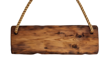 Empty wooden sign hanging on white wall with rope