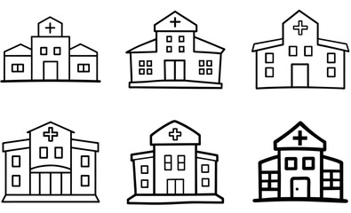 Hand Drawn Hospital Building Icons Set – Medical Clinic Outline Vector Collection