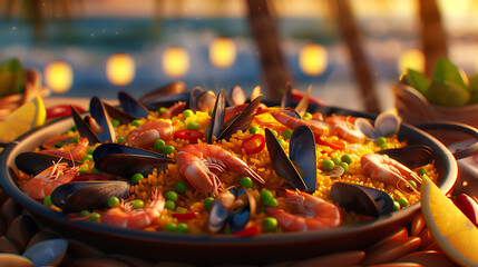 A vibrant plate of seafood paella featuring shrimp, mussels, peas, and red peppers, served outdoors at sunset with palm trees and glowing lanterns in the background.