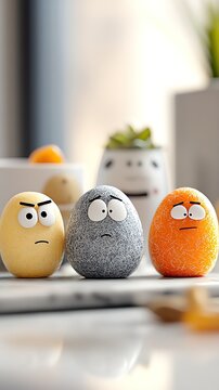 Naklejki Three Cartoon Soybean Eggs with Expressive Faces