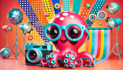 Playful Octopus in Funky Studio Background - Generative AI
