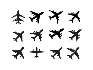 A collection of various airplane silhouettes, perfect for use in travel websites, presentations, or apps.