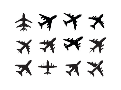 A collection of various airplane silhouettes, perfect for use in travel websites, presentations, or apps.