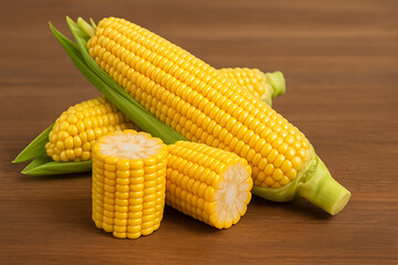 
Fresh yellow corn cobs with husk and sliced sections placed on wooden table, organic maize vegetable, healthy food rich in fiber, raw sweetcorn close up concept for farming, harvest and nutrition use