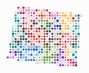 Wyoming, shape of the state built of colored cells. Digital style map of Wyoming on a white background. Large size rounded square blocks. Vibrant vector illustration.