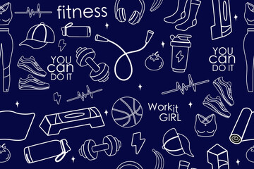 Seamless outline pattern of fitness gym inventory elements, equipment