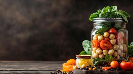 An artisan-crafted salad jar, overflowing with chickpeas, tomatoes, and fresh greens, promoting healthy eating habits and culinary creativity in meal preparation.