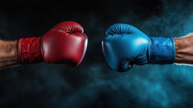 Capturing the dynamic tension, this image focuses on red and blue boxing gloves, ready to strike, representing the fierce competition and spirit of the boxing world.