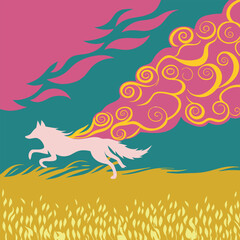 Mystical wolf silhouette designs in nature scenes with spiritual, emotional and tribal elements vector illustration