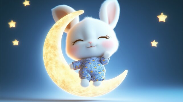 a cute little white rabit is sleeping on the crescent moon, surrounded by the stars, a rabit is wearing a pajamas, The moon is floating in the air, light shining around the character