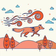 Mystical wolf silhouette designs in nature scenes with spiritual, emotional and tribal elements vector illustration