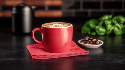 Vibrant red coffee cup set on a matching red napkin creating a bold and striking visual contrast