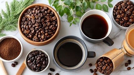 Fresh Coffee Brewing Setup with Beans and Cups on Flat Surface