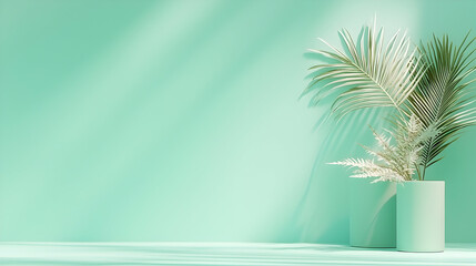 Pastel Green Minimalist Scene with Tropical Plants and Soft Lighting