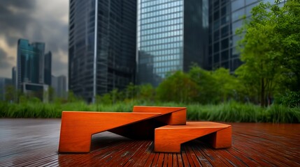 Modern wooden seating in an urban park surrounded by skyscrapers and greenery