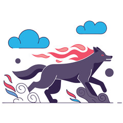 Mystical wolf silhouette designs in nature scenes with spiritual, emotional and tribal elements vector illustration