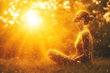 Naklejka premium A woman meditating in a golden glow during sunset in a tranquil outdoor setting