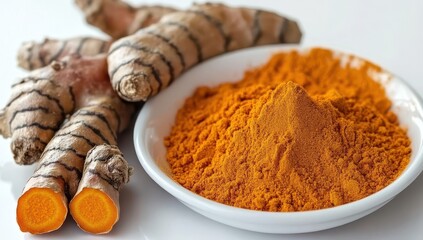 Fresh turmeric root and powder