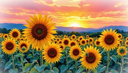 Fototapeta premium Sunflower field at sunset nature photography vibrant landscape serene environment wide angle view floral beauty