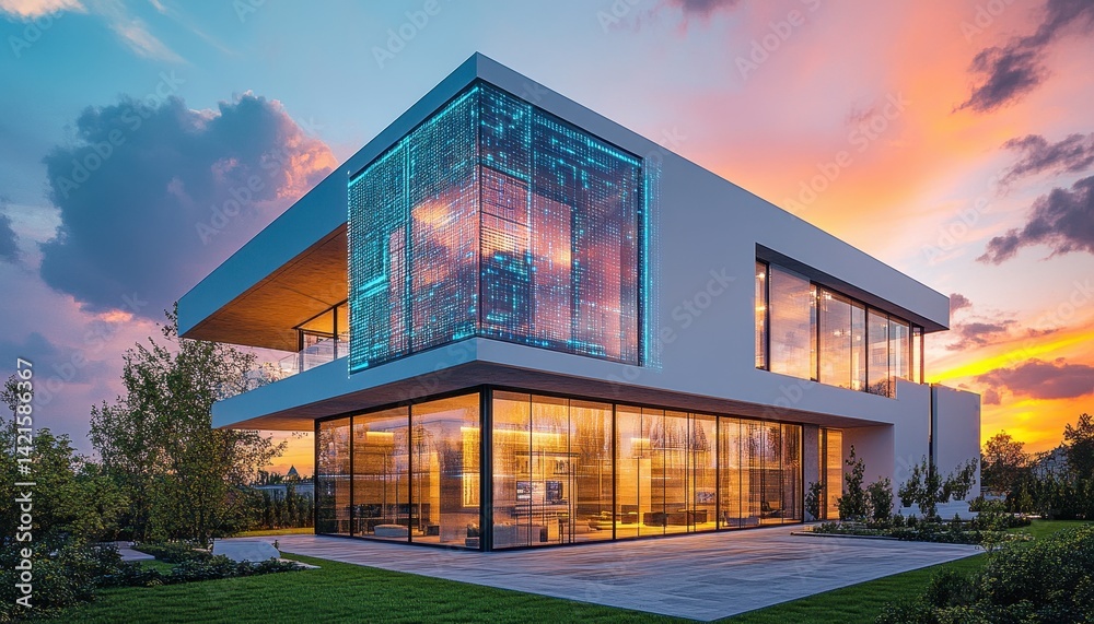 Poster modern architectural design illuminated at dusk in an urban environment with glowing orange lights s