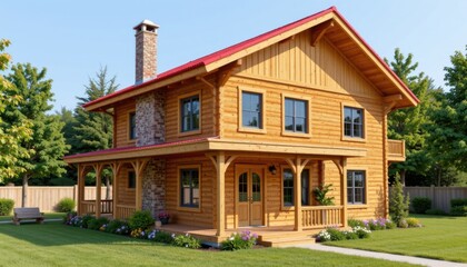 Fototapeta premium Beautiful wooden house with red roof in lush garden residential architecture summer setting eye-level view