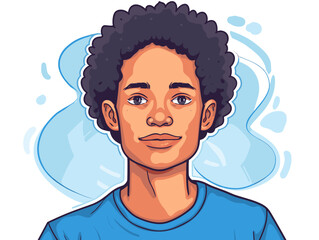 Vector illustration of a young black woman in a blue T-shirt.
