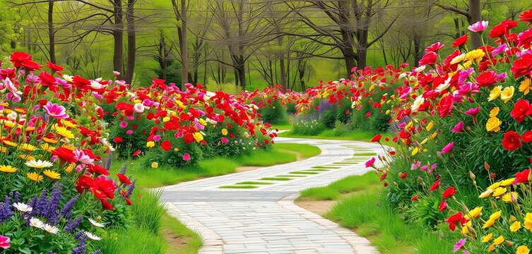 Meandering paved path through vibrant spring flowers, walkway, pathway