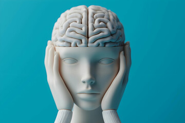 Obraz premium A mannequin with a brain for a head holds its face, symbolizing a blend of human thought and artificial intelligence against a blue backdrop.