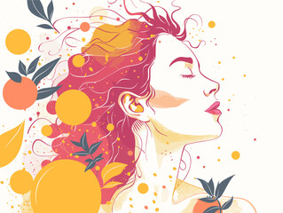 Beautiful woman face with flowers and leaves background. Vector illustration.