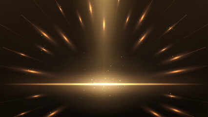 Elegant Gold Glowing Line with Horizon Line on Dark Background, Vector Illustration