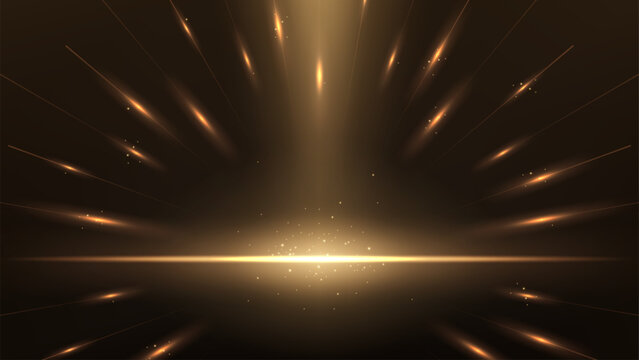 Elegant Gold Glowing Line with Horizon Line on Dark Background, Vector Illustration