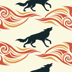 Mystical wolf silhouette designs in nature scenes with spiritual, emotional and tribal elements vector illustration