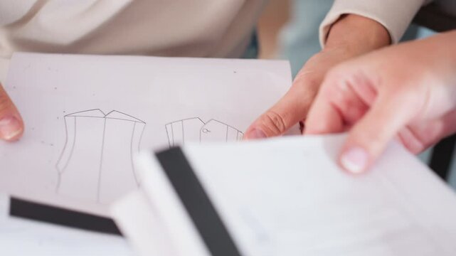 Closeup view of student sketching clothing design outlines on white sheet of paper while teacher hands over writing pen during creative learning session teamwork fashion project planning