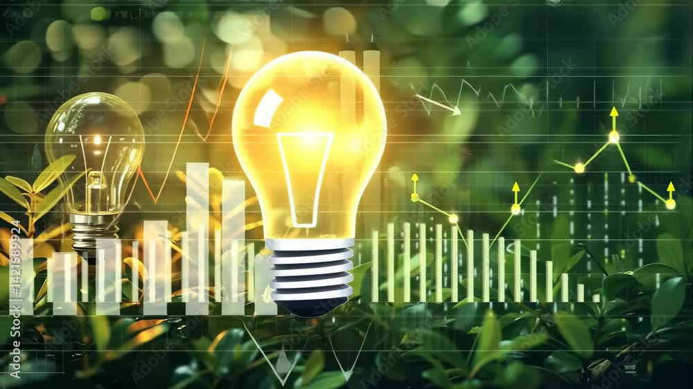 Poster Image symbolizing innovation, development and growth with a glowing lightbulb nestled within green foliage, accompanied by a rising graph. The scene conveys a message of sustainable, positive trends.