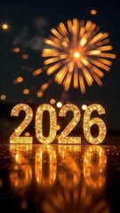 Inscription 2026 and gold fireworks. Golden side. The inscription Happy New Year with beautiful large print