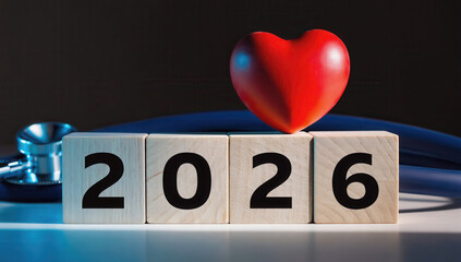 2026 numbers with medical instrument and red heart. New Year, holidays, health care