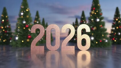 The numbers "2026" in shimmering gold against a backdrop of Christmas trees decorated with lights and toys. Perfect for holiday promotions and New Year's celebrations