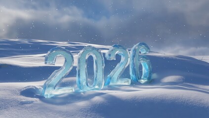 The numbers "2026" in the form of an ice sculpture of the year. New Year 2026. Holidays