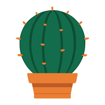 Round Ribbed Cactus in Pot &ndash; Flat Vector Illustration