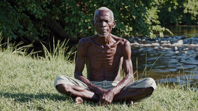 Elderly African Man Calmly Meditating Quietly Outdoors by River | Serene Senior Meditation