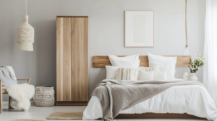 Minimalist bedroom interior with natural wood accents and soft textiles