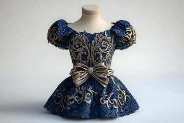 Navy gold ornate dress on mannequin display for fashion, tailoring services or bridal shop online