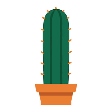 Flat Design Tall Columnar Cactus in Terracotta Pot &ndash; Vector Illustration